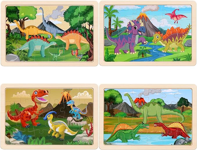 Wooden Puzzles Dinosaur Toys for Kids Ages 3-5, Set of 4 Packs with 20-Piece Wood Jigsaw Puzzles, Preschool Educational Brain Teaser Boards for Boys and Girls 3 4 5 6 Years Old