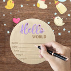 Baby Announcement Sign, 5.9 Inch Wooden Hello World Newborn Signs, Birth Announcement Sign, Baby Shower Hospital Nursery for Newborn Boys and Girls (Purple,Pen)