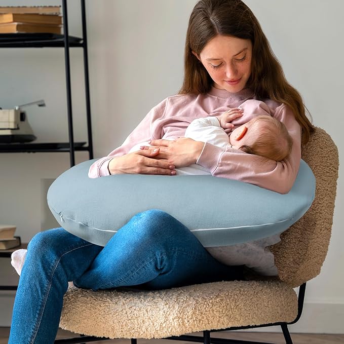 Baby Nursing Pillow Cover, Removeable Breastfeeding Pillow Slipcover, Muslin Nursing Case for Newborn Boys Girls, Soft Fabric Fits Snug On Infant, Washable & Breathable, Blue (Cover Only)