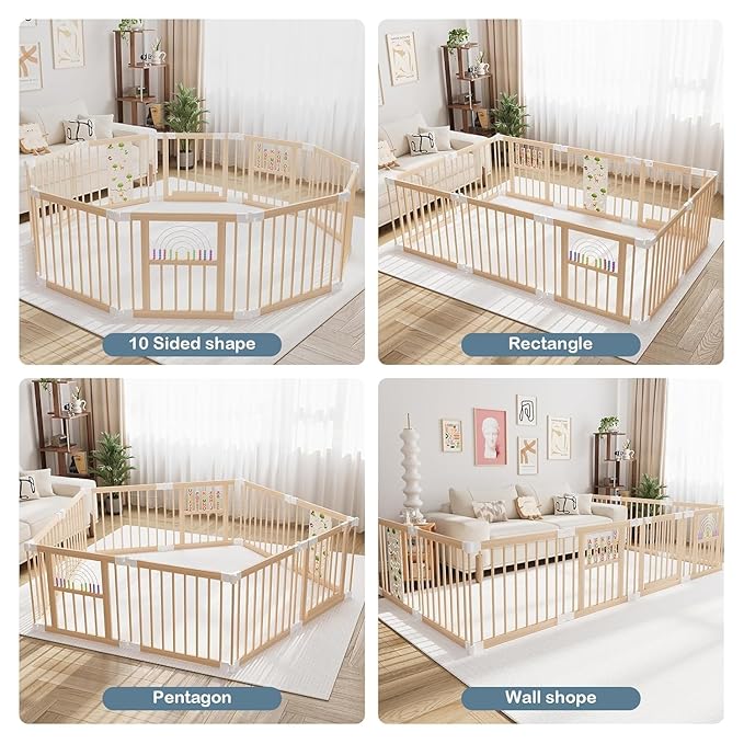 Foldable Wooden Baby Playpen Activity Center,Adjustable Size & Shape Portable Play Yard, Baby Fence Play Area with Gate for Indoor Use for Babies and Toddlers(84x56x24inches)