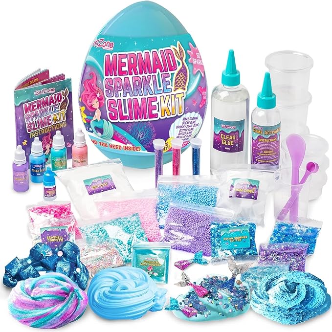 GirlZone Giant Mermaid Sparkle Egg Slime Kit - Large Multicolor Set - Glow-in-The-Dark & Glitter Add-Ins with Built-in Egg Mixing Bowl, Foam Balls & Mermaid Charms - Slime Kit for Girls Ages 8-12