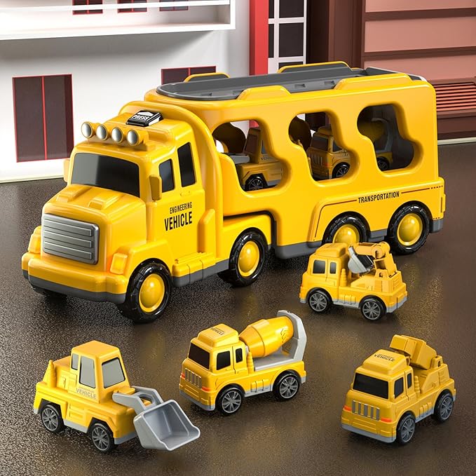 5 in 1 Construction Trucks Cars Toys for Toddlers 3-5, Boy Toddler Car Truck Toys with Light Sound, Includes Crane, Mixer, Bulldozer & Excavator, Birthday Gifts Toys for 2 3 4 5 Year Old