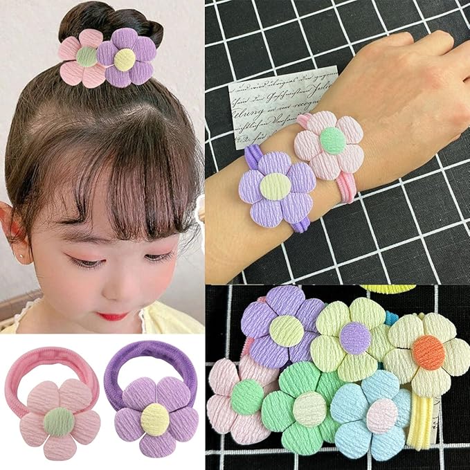 54PCS Girls Hair Ties Bows and Flowers Ponytail Elastic Bands,No Damage Elastic Ponytail Holders Hair,Hair Bows No Slip Durable Fabric ponytail fixator Multicolor