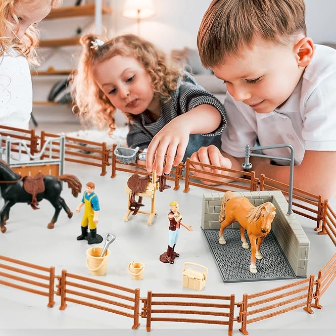 Peagrav Horse Stable Playset with Rider, Wash Area, Fence & Animal Figures - Gifts for Girls & Boys Aged 3-8