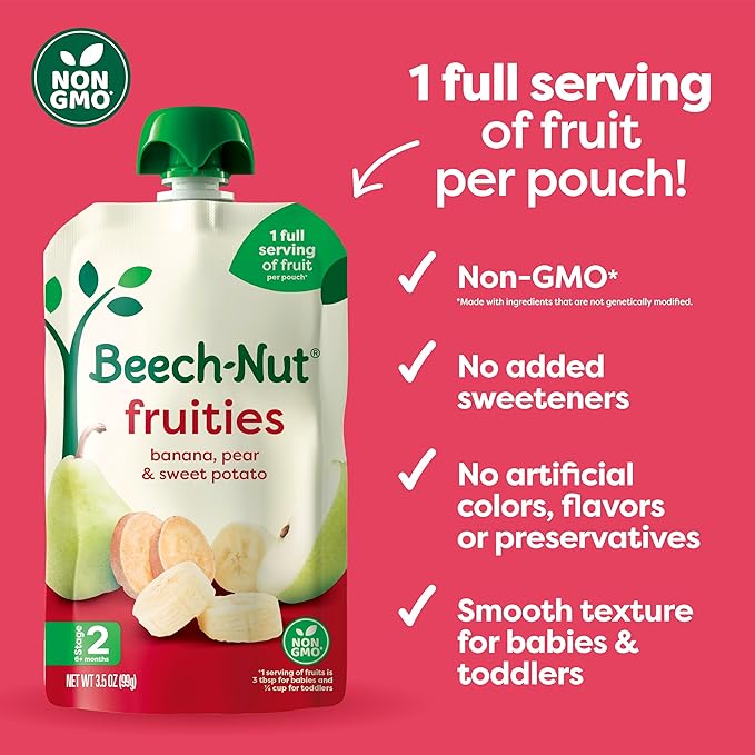 Beech-Nut Stage 2 Baby Food Pouches Variety Pack, Fruit Purees for Babies, Non-GMO, Dairy-Free, 3.5 oz (18 Pack)