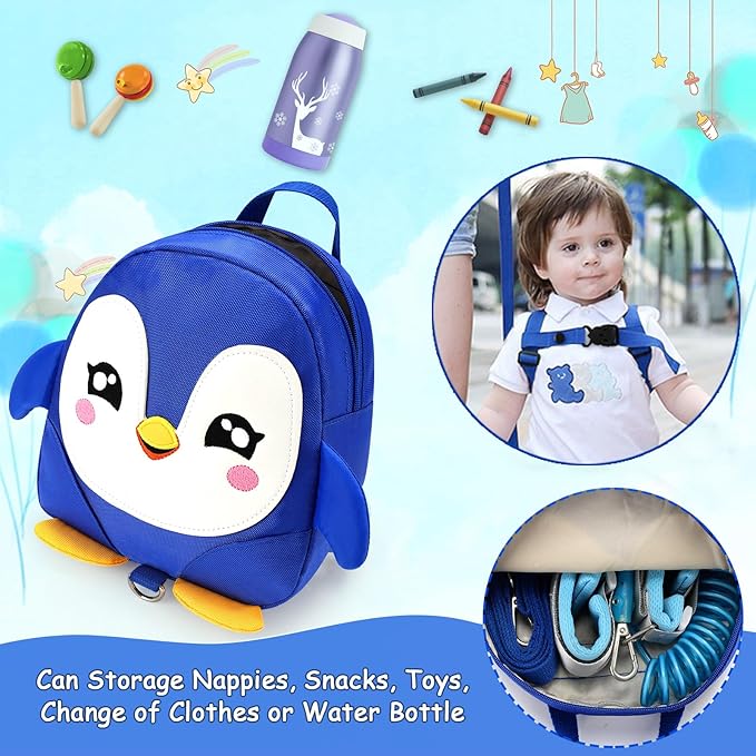 Accmor Toddler Harness Backpack Leash, Cute Penguin Kid Backpacks with Anti Lost Wrist Link, Mini Child Backpack Harness Leashes Walking Wristband Rope Travel Bag Harness Rein for Baby Girls (Blue)