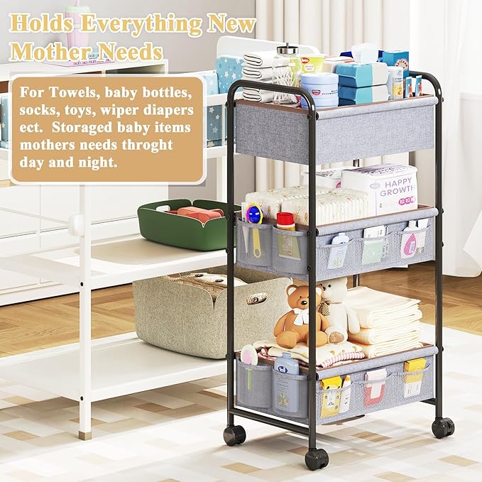 3-Tier Baby Diaper Caddy Cart Organizer with 2 Dividers & 14 Mesh Pockets - Black Mobile Nursery Storage Cart with Wheels, Durable Metal Utility Cart for Nursery, Bedroom, Baby Essentials Organization