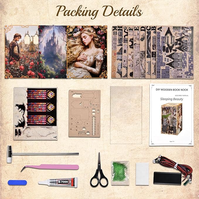 Book Nook Kit - DIY Miniature House 3D Wooden Puzzle for Adult and Teens, Booknook Bookshelf Decor Scale Model Build with LED Light, Gifts for Family and Friends (Sleeping Beauty)