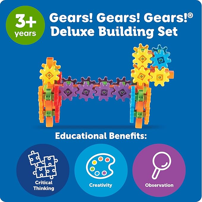 Learning Resources Gears! Gears! Gears! 100-Piece Deluxe Building Set - Ages 3+, Preschool Building Sets, Gears Toys for Kids, STEM Toys for Toddlers, Construction Toy Set