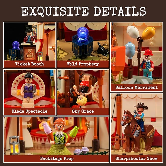 Travelling Circus Lighting Building-Bricks Set - The Wild West Show 1962 Pcs Collection Display Set for Adults and West Lovers