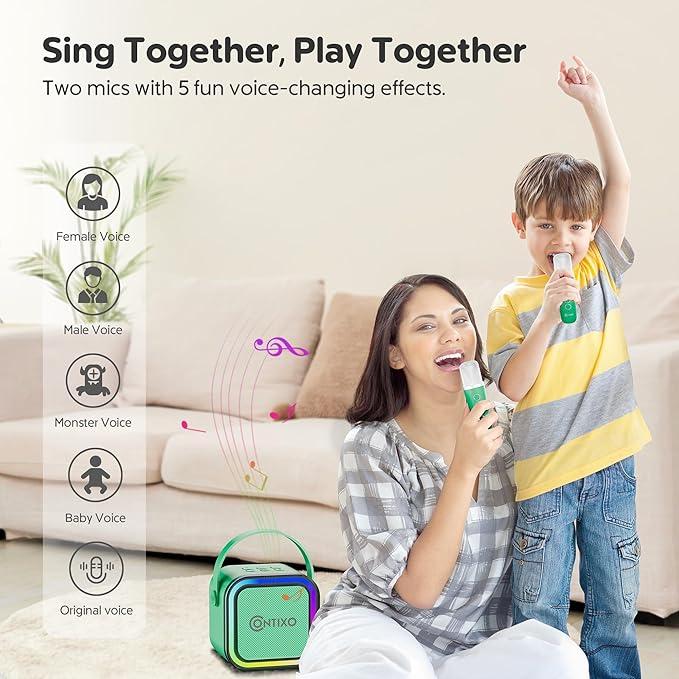 Contixo KS1A Kids Mini Karaoke Machine with LED Lights, 7–10H Playback, Dual Wireless Mics, Magic Voice Effects, Bluetooth Speaker for Children, Portable Singing Toy Gift for Boys & Girls, Green