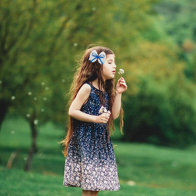 2pcs Blue Hair Bows for Girls, White Lace Bow with Blue Ribbon, Alligator Bow Hair Clips, Handmade Hair Accessories for little Girls