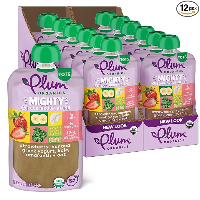 Plum Organics Mighty 4 Organic Toddler Food - Strawberry, Banana, Greek Yogurt, Kale, Amaranth, and Oat - 4 oz Pouch (Pack of 12) - Organic Fruit and Vegetable Toddler Food Pouch