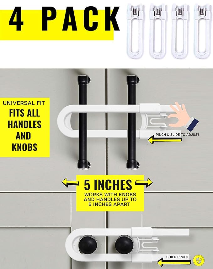 Sliding Cabinet Locks for Child Safety | Baby Proof Your Kitchen, Bathroom, and Storage Doors | Childproof Safety Locks for Knobs and Handles | Easy Install (4 Pack, White)