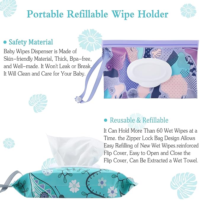 FEBSNOW 2 Pack Baby Wipe Dispenser, Reusable Portable Wipe Holder, Baby Wipes Container, Travel Baby Wipes, Refillable Wet Wipe Pouch (Floral)