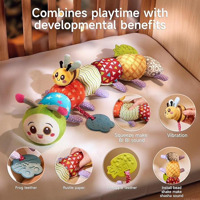 TUMAMA Baby Toys for 0, 3, 6, 9, 12 Months,Caterpillar Sensory Toys,Infant Baby Stuffed Animal Activity Soft Toys with Teether, Tummy Time Sensory Toys,Newborn Infant Sensory Toys Birthday Gifts