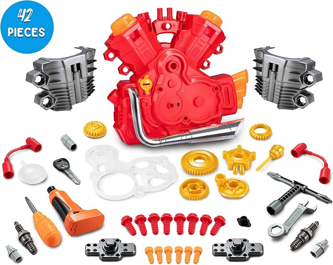 Engine Building Kit, Kids Mechanic Repair Set for Kids Motorcycle Engine，Take Apart Toys-42pc Playset，STEM Engine Model Kit Toy with Cool Lights&Sounds，Educational Toys for 3+ Year Old (red)