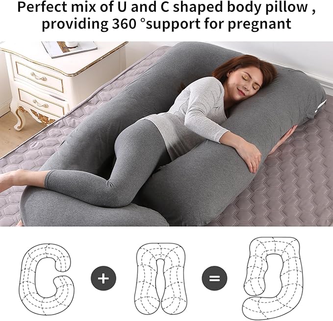U-Shaped Pregnancy Pillow for Sleeping, Full Body Support for Back, HIPS & Belly -65 Inch Maternity Pillow with Machine Washable Cover | Maternity Essential (Jersey Knit Cotton Gray- 65inch)