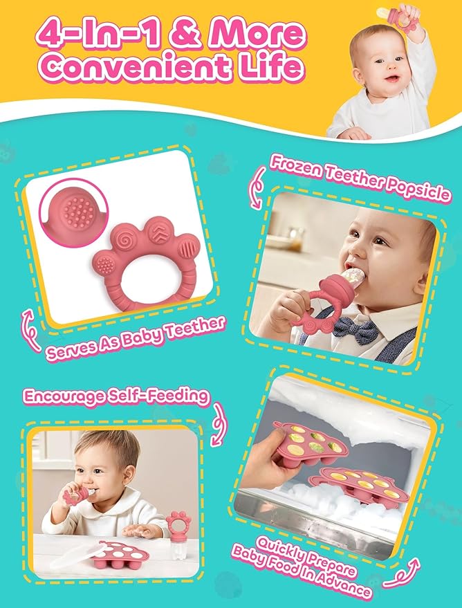 Breastmilk Popsicle Molds & Baby Fruit Food Feeder Pacifier, Silicone Baby Food Storage Containers, Baby Popsicle Molds Teething for Toddler Teething & Infant Self Feeding (Pink)