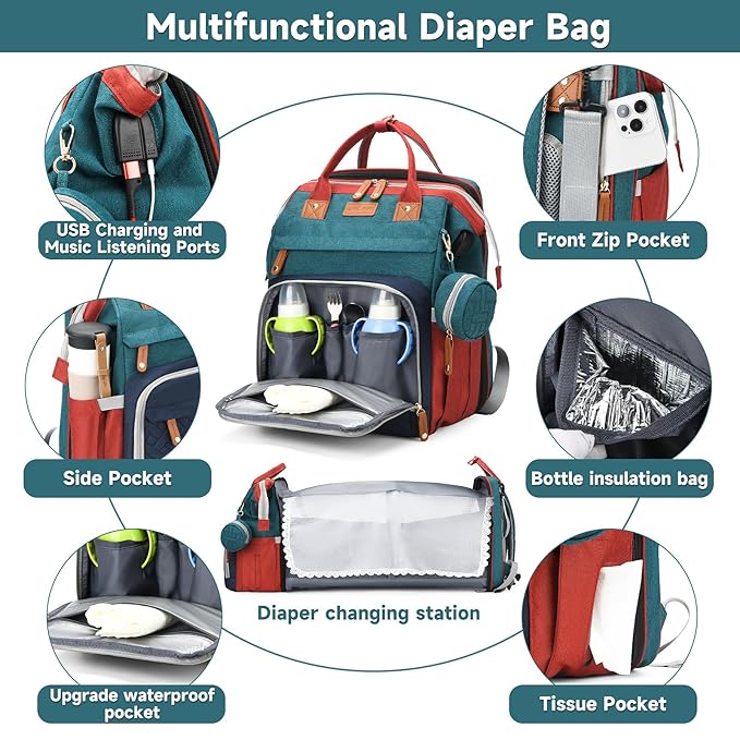Diaper Bag Backpack Diaper Bag Multifunctional Waterproof Diaper Bag with Changing Station Travel Backpack with Changing Pad, Pacifier Case & Stroller Straps(Multicolor)