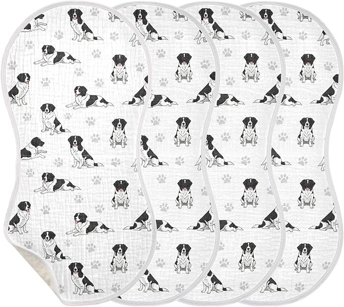 4 Pack Muslin Burp Cloths Collie Dogs Cute White Cotton Baby Burp Cloths Absorbent Burping Cloth Soft Spit Up Rags for Baby Boys Girls 22x11 Inch
