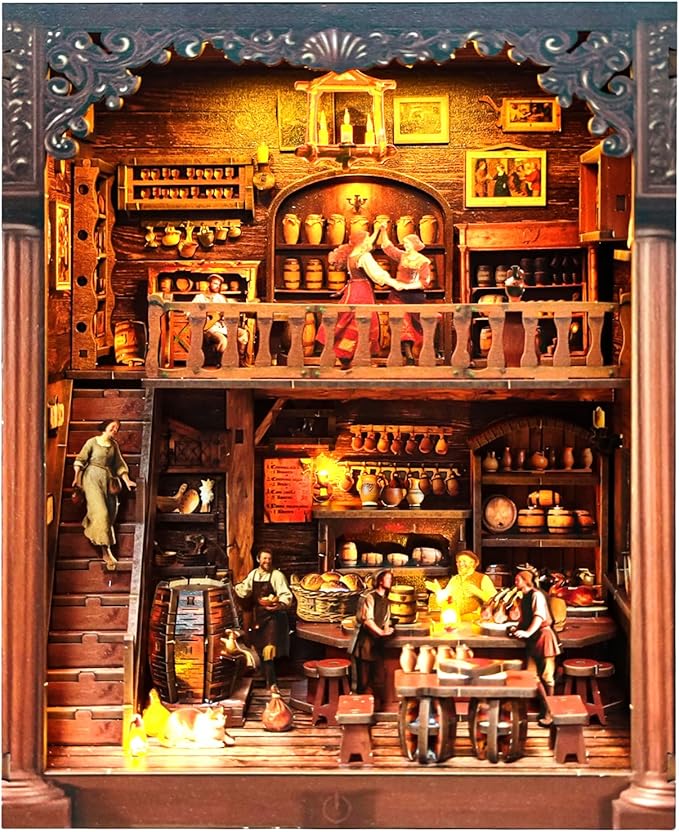 DIY Miniature House Kit, Book Nook Kit, 3D Wooden Puzzles Bookshelf Craft Kits, Dollhouse Kit with LED Light, Mini Building Kit for Adults Teen to Build (Old Time Tavern)
