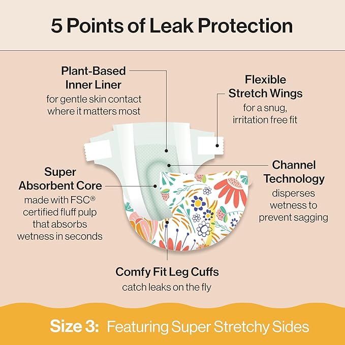 The Honest Company Clean Conscious Diapers for Delicate Skin | Up to 100% Leakproof | Hypoallergenic, Fragrance Free | Girl Prints | Club Box, Size 3 (16-28 lbs), 62 Count (Prints May Vary)