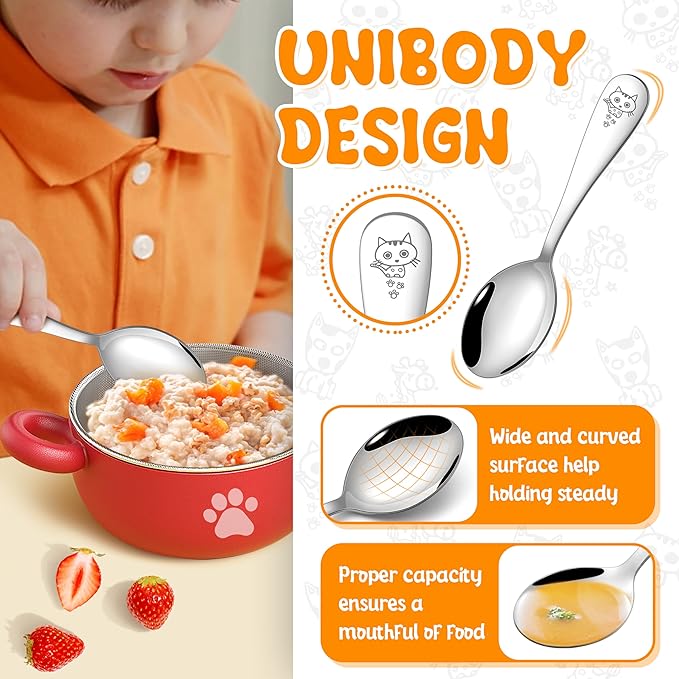 HaWare 12 Pieces Toddler Utensil Sets, Stainless Steel Kids Silverware Set Includes Toddler Forks and Spoons, Kids Safe Cutlery Set for Self Feeding, Cute Animal Handle Pattern, Dishwasher Safe