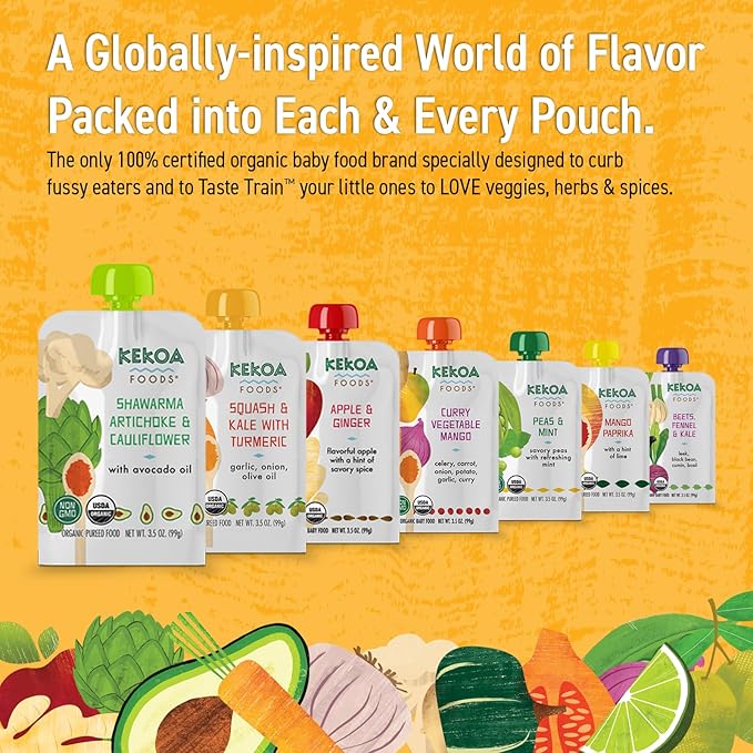 Kekoa Foods Shawarma, Artichoke & Cauliflower Baby Food Purée | 100% USDA Certified-Organic Vegetarian Squeeze Pouch | Organic, Non-GMO, Gluten-Free, Vegan | Nutritious First Food for Babies | 3.5 oz