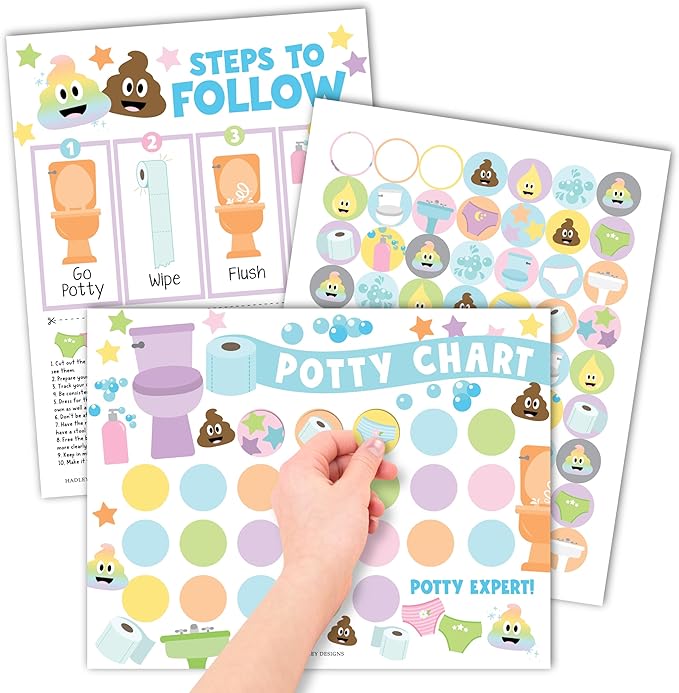 Hadley Designs Potty Training Chart for Toddlers Boys -10 Sticker Potty Chart for Toddlers Girls, 8.5x11" Potty Training Sticker Charts for Toilet Success, Pastel Toddler Reward Chart for Kids