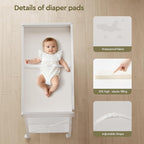 Baby Changing Table, Diaper Changing Station with Pad and Wheels, Two-Tier Open Storage Shelves, Waterproof Diaper pad & Safety Strap, Compact Baby Furniture for Nursery, White