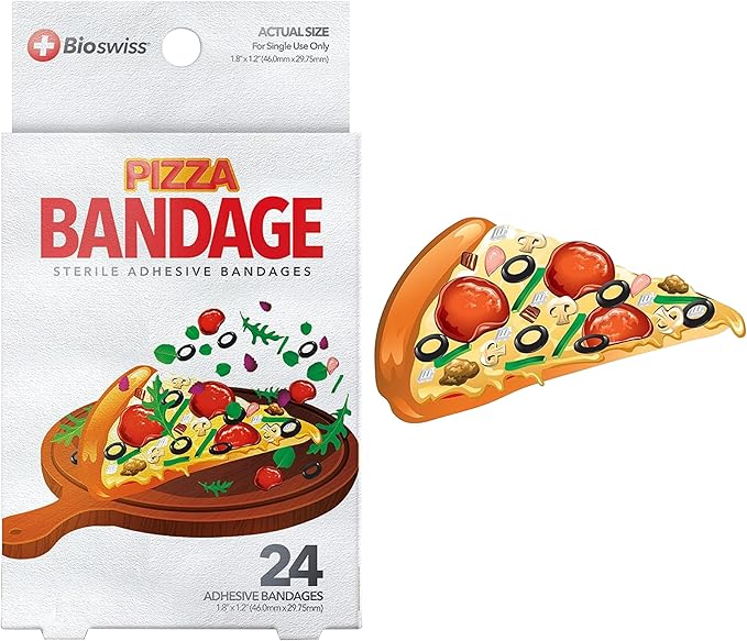 BioSwiss Bandages, Pizza Shaped Self Adhesive Bandage, Latex Free Sterile Wound Care, Fun First Aid Kit Supplies for Kids, 24 Count