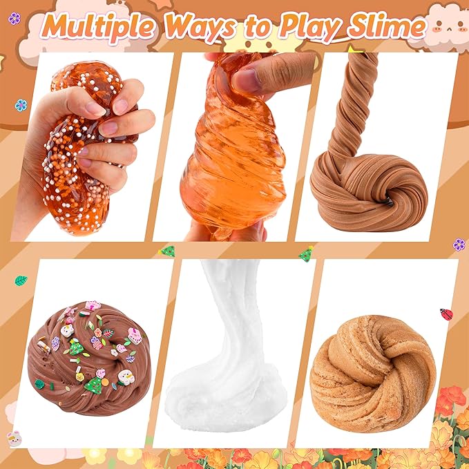 LAWOHO 6 Packs Brown Slime Kit - Cloud, Butter & Clear Slimes with Garden Add-ins, Crunchy Slime for Kids Party Favors for Girls and Boys, 360ml Slime Kits Birthday Halloween Christmas Easter Gifts