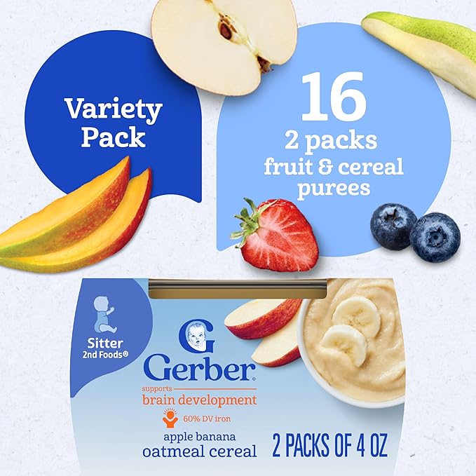 Gerber Stage 2 Baby Food, Baby Fruit And Cereal Tubs Variety Pack, Iron Helps Support Brain Development, No Artificial Flavors, Baby Cereal, 32-Pack