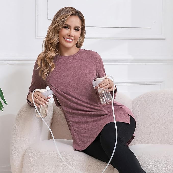 GINKANA Women's Nursing Shirts Long Sleeve 3 Packs Hidden Zipper Breastfeeding Pumping Tops Side Split Maternity Clothes