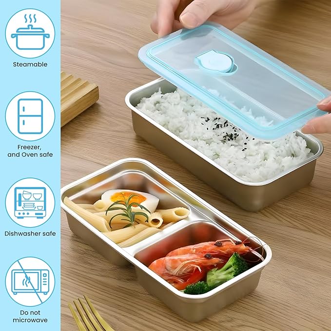 4 Set Reusable Snack Containers with Lids,2 Single and 2 Double Compartment Stainless Steel Snack Food Containers,for Snacks Dips Travel and Outdoor