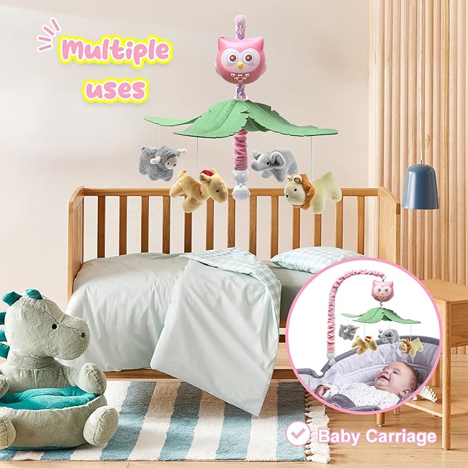 Baby Crib Mobile with Music and Lights for Boys Musical Mobile Animals for Crib Bassinet Girls Toys Hanging Portable Safari Nursery Decor Pink