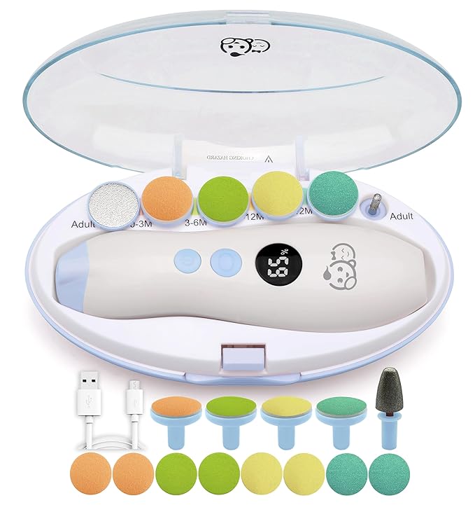 Rechargeable 22 in 1 Baby Nail Trimmer, Usage Labeled Case, 13 Extra Replacement Tools, Royal Angels Electric Nail File with LCD display, Newborn Toddler Nail Care Clipper Kit (Rechargeable,WhiteBlue)