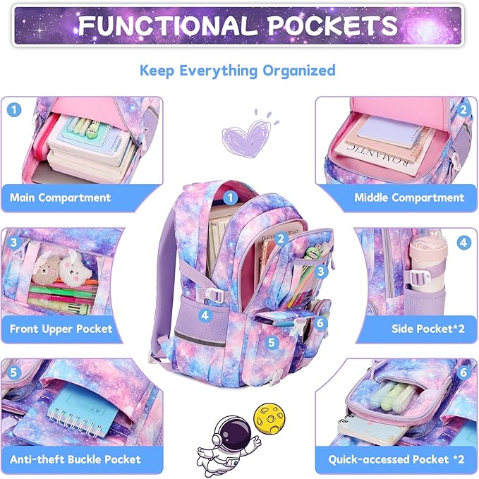 Backpack for Girls 3pcs Set Kids Backpack with Lunch Box Students Kawaii Book Bag for Elementary Primary Middle School Bags - Ita Backpack - Galaxy