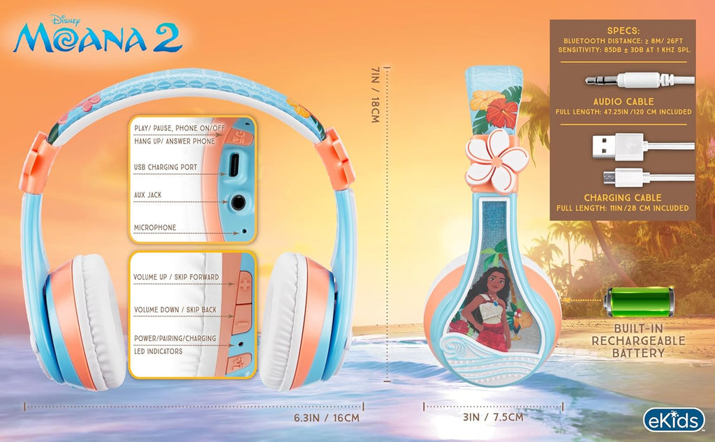 eKids Moana Bluetooth Headphones for Kids, Wireless Headphones with Microphone Includes Aux Cord, Kids Earphones for School, Home, or Travel