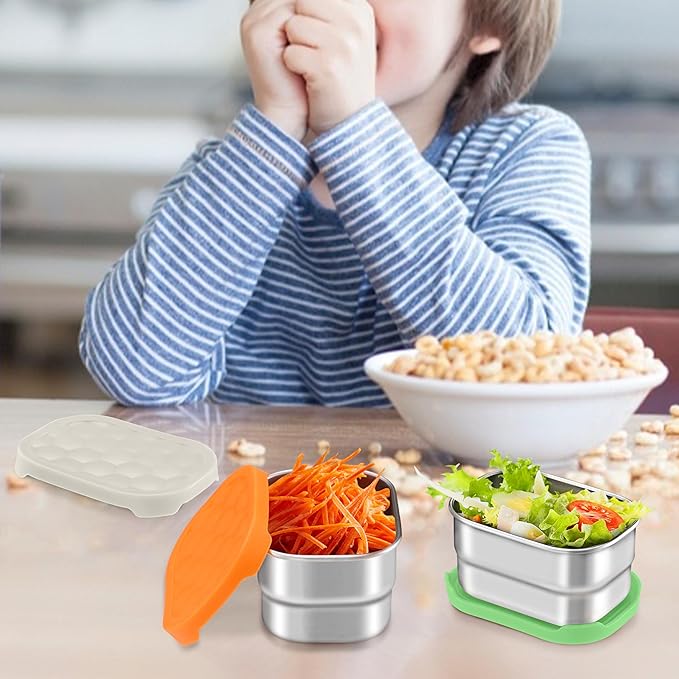 HaWare Stainless Steel Snack Containers for Toddlers and Kids, 8 oz Leak Proof Food Storage Containers with Colorful Silicone Lids, Stackable Small Metal Lunch Box for Daycare and School- 3 Packs