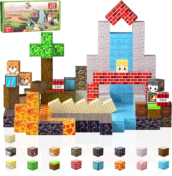 Magnetic Blocks, Magnetic Building Blocks, 3D Construction Build Toys, STEM Sensory Magnet Cubes (Multicolor-100PCS)