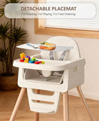 Baby High Chair for 6 Months+, Foldable High Chairs for Babies and Toddlers, Convertible Toddler Chair, Adjustable Tray & Footrest, Lightweight, Stable & Easy to Clean(White with Wood Grain)