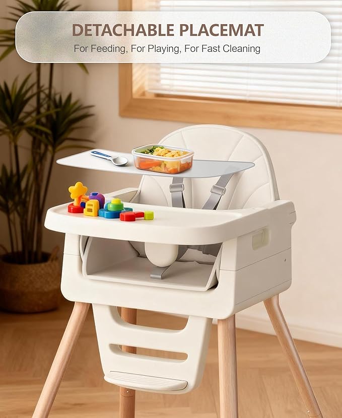 Baby High Chair for 6 Months+, Foldable High Chairs for Babies and Toddlers, Convertible Toddler Chair, Adjustable Tray & Footrest, Lightweight, Stable & Easy to Clean(White with Wood Grain)