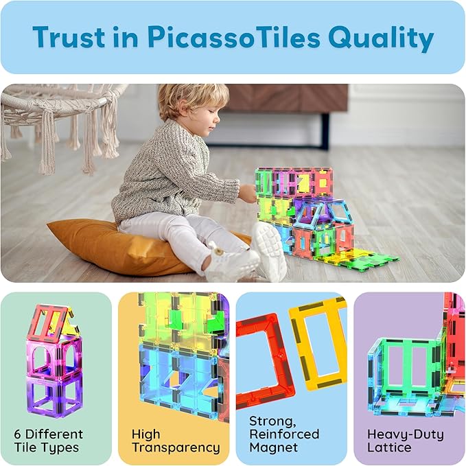 PicassoTiles 42pcs Magnetic Tiles Magnet Blocks See-Through Shape STEM Toys Building Block Educational Playset Compatible with Major Brand Tile -Starter Set for Boys and Girls Toddlers Ages 3+ PT42