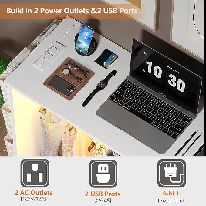 6 Drawer Dresser for Bedroom with Clothes Rack, Clothes Dresser with Side Pockets and Hooks, Charging Station & LED Lights, Wooden Top, Fabric Storage (White)