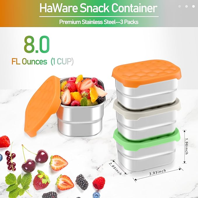 HaWare Stainless Steel Snack Containers for Toddlers and Kids, 8 oz Leak Proof Food Storage Containers with Colorful Silicone Lids, Stackable Small Metal Lunch Box for Daycare and School- 3 Packs
