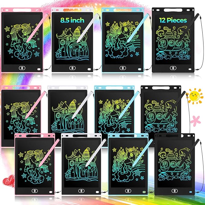 Tinlade 12 Pack LCD Writing Drawing Tablets 8.5 Inch Bulk Colorful Doodle Board Erasable Electronic Painting Drawing Pads Learning Toy Gifts for Kids Boys Girls(Pink, Light Blue, White, Black)