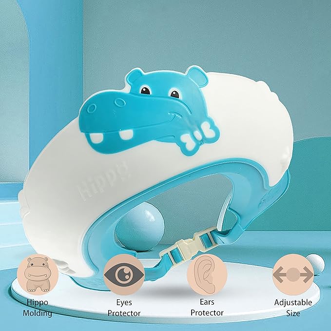 Baby Shower Cap Shield, Shower Cap for Kids, Visor Hat for Eye and Ear Protection for 0-9 Years Old Children,Cute Dinosaur/Crocodile/Hippo shape Makes the Baby Bath More Fun (Hippo, Blue)