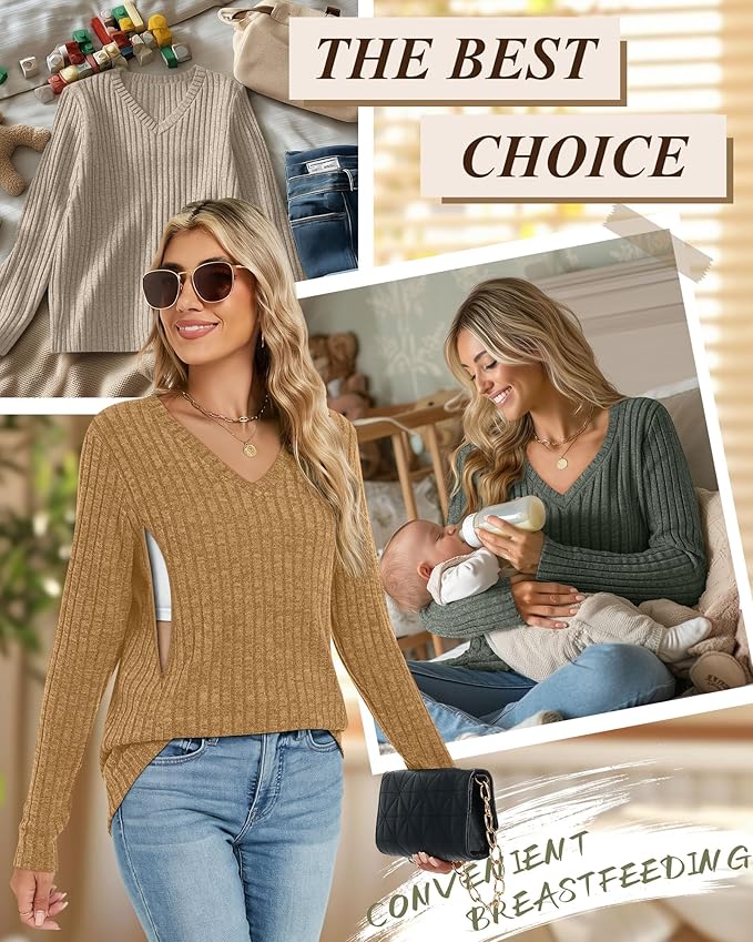 3 Pack Women's Maternity Nursing Tops, V Neck Breastfeeding Sweaters Long Sleeve Hidden Zipper Shirts